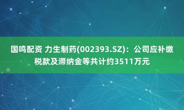 国鸣配资 力生制药(002393.SZ)：公司应补缴税款及滞纳金等共计约3511万元